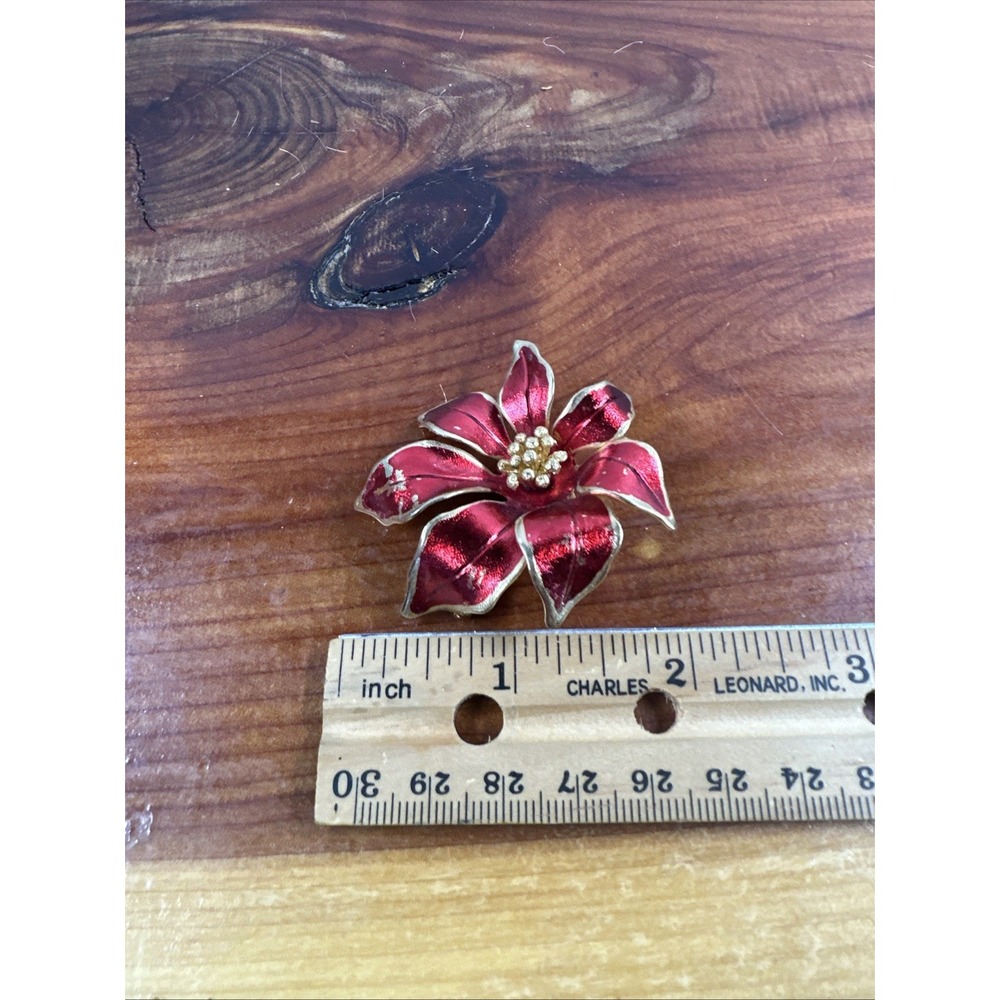 Vtg CERRITO Red Enamel Legend of POINSETTIA Brooch Pin Handcrafted Christmas 60s - Picture 3 of 4
